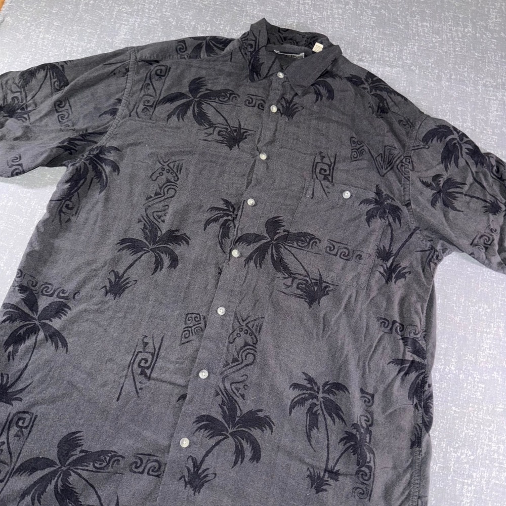 Hollis River Mens LT Charcoal Grey Palm Tree Tribal Rayon Hawaiian Shirt‎ LT